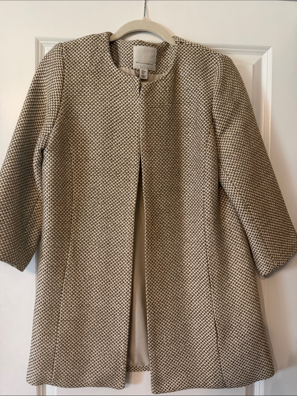 mercer & madison Cream Textured Collarless Trench Coat with gold thread